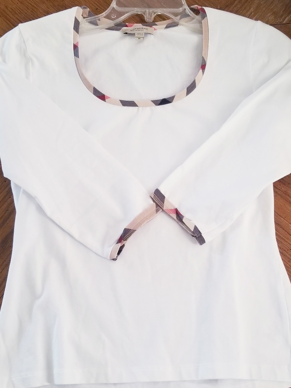 Burberry London White Cotton Top Nova Check Trim 3/4 Sleeve Size M - Picture 3 of 16